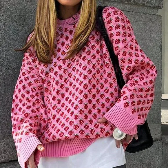 Multicolor Casual Women's Oversized Strawberry Crew Neck Sweater - Picture 2 of 7